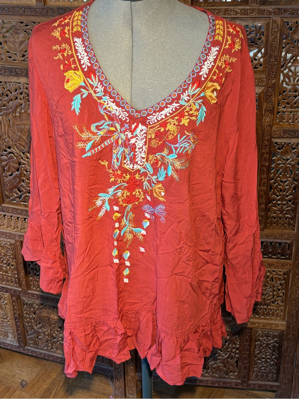 grand & greene Rust Embroidered V-Neck Tunic